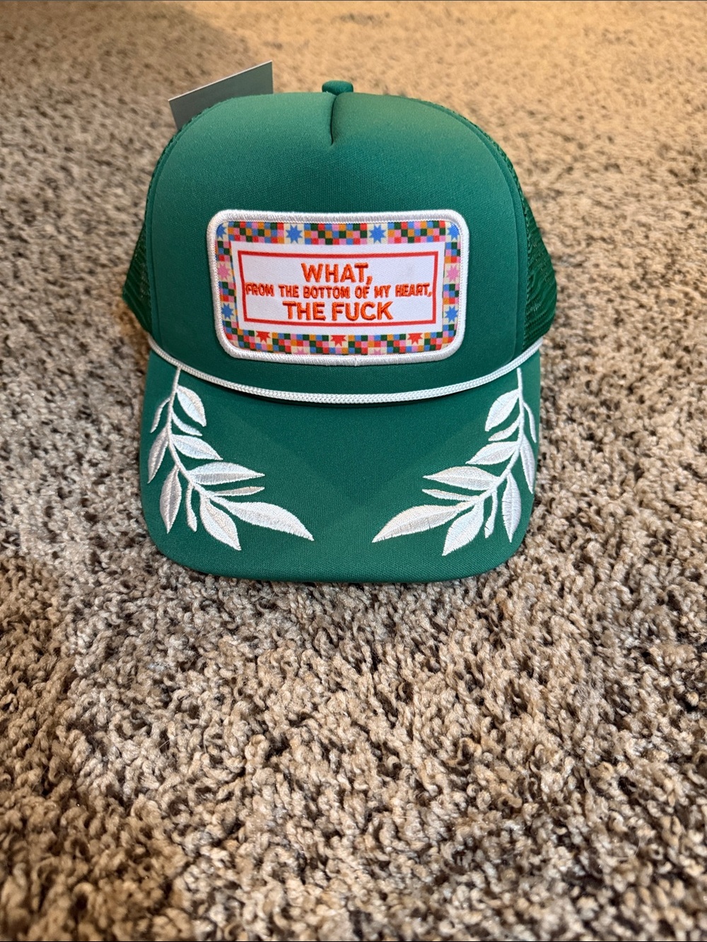 Green Trucker Hat with Leaf Embroidery